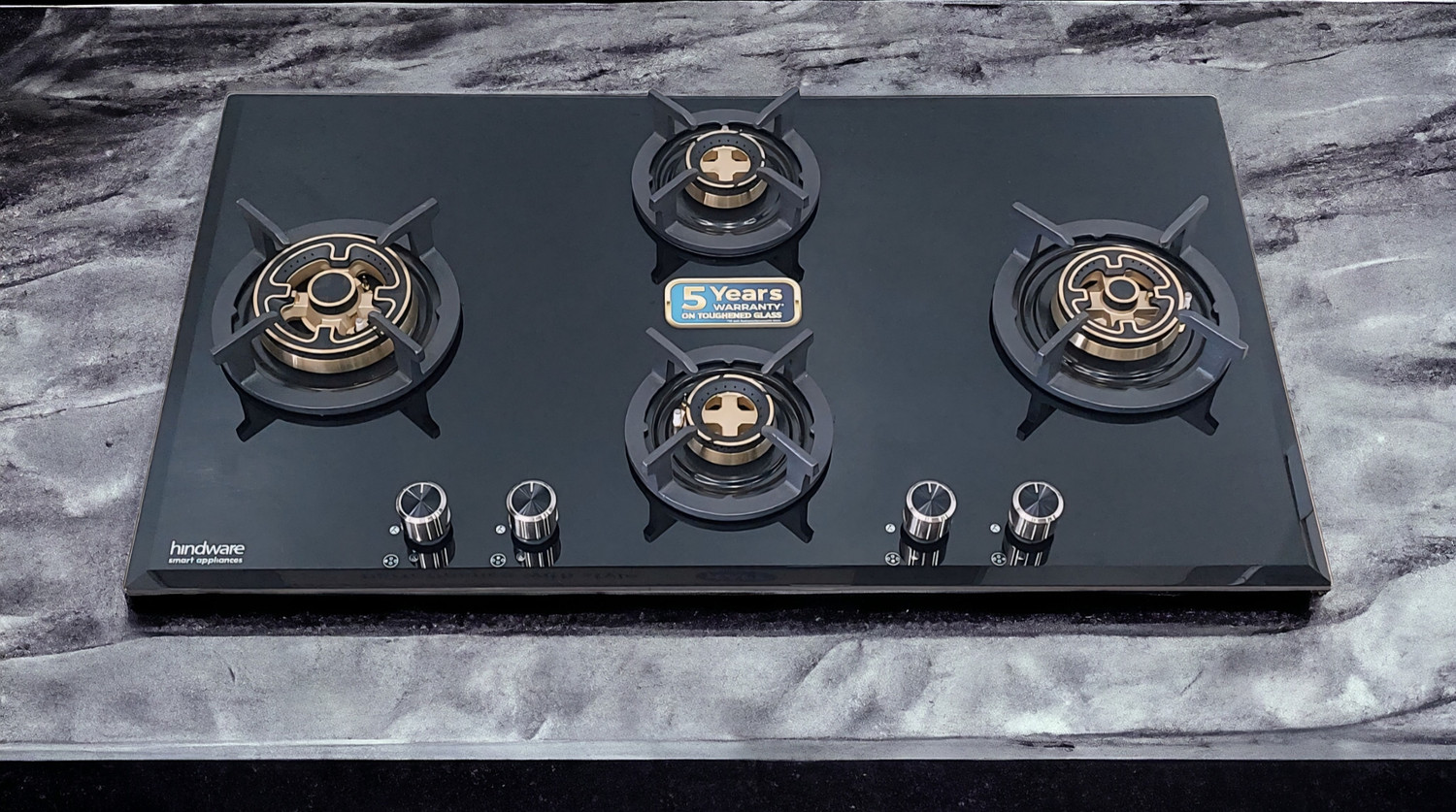 Image of Hindware VALERIA 4B 90 | Dual Brass Burner | Auto Ignition | FFD | Metal Knobs | Built in Glass Automatic Hob