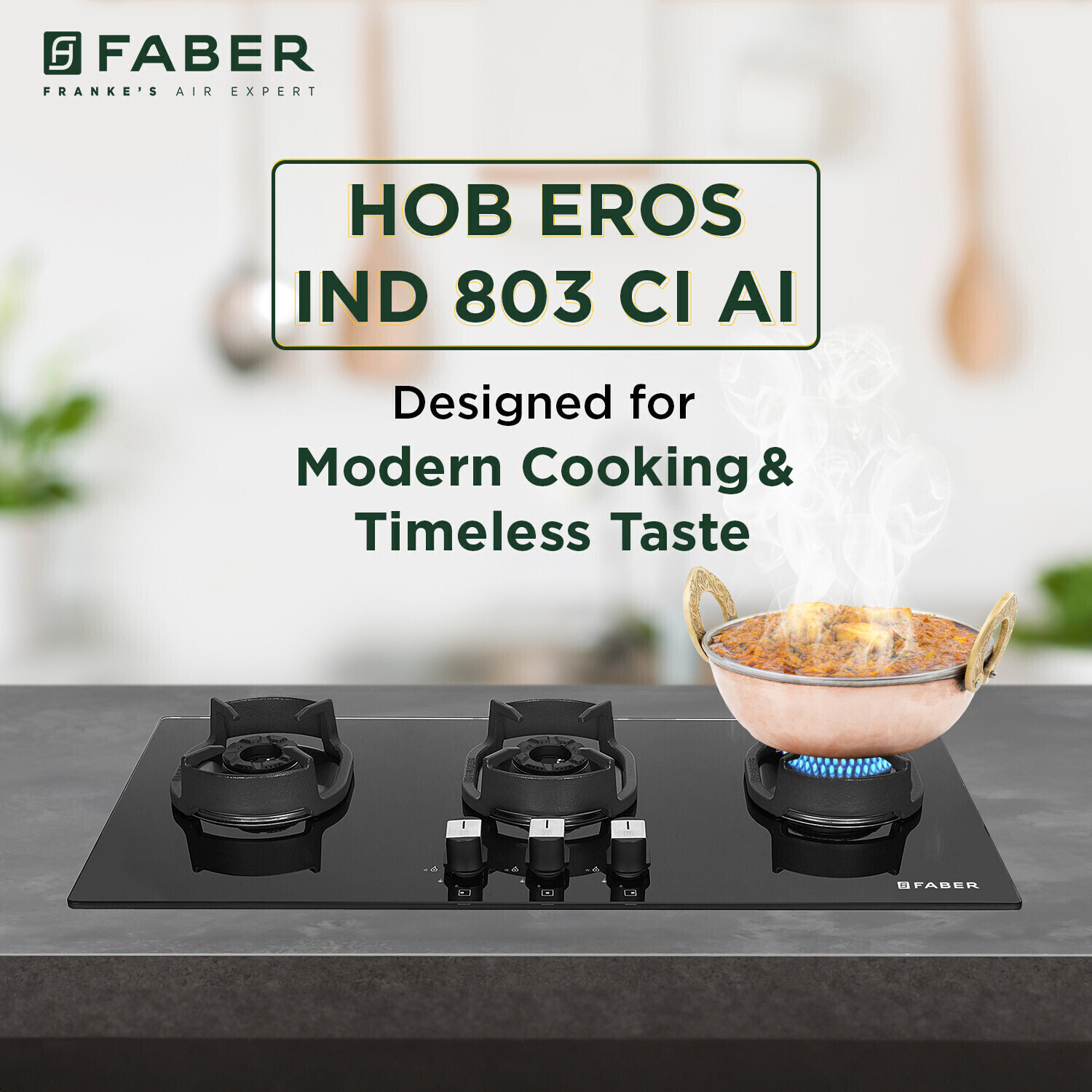 Image of FABER Eros IND 803 CI AI |Heavy duty brass burner|Metal Knobs| Cast Iron Pan Support| Glass Automatic Hob
