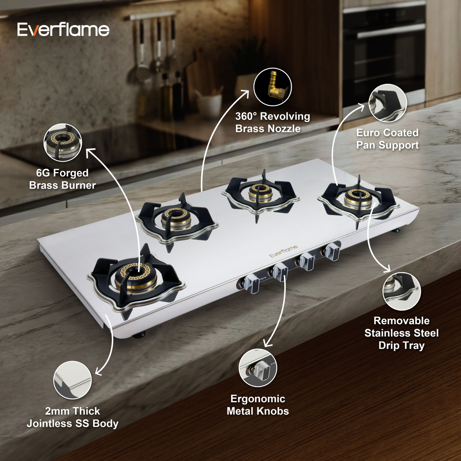 Image of Everflame Marvel 4B Long 6G Forged Brass Burner | AI Gas Saver Technology | Durable Stainless Steel Manual Gas Stove