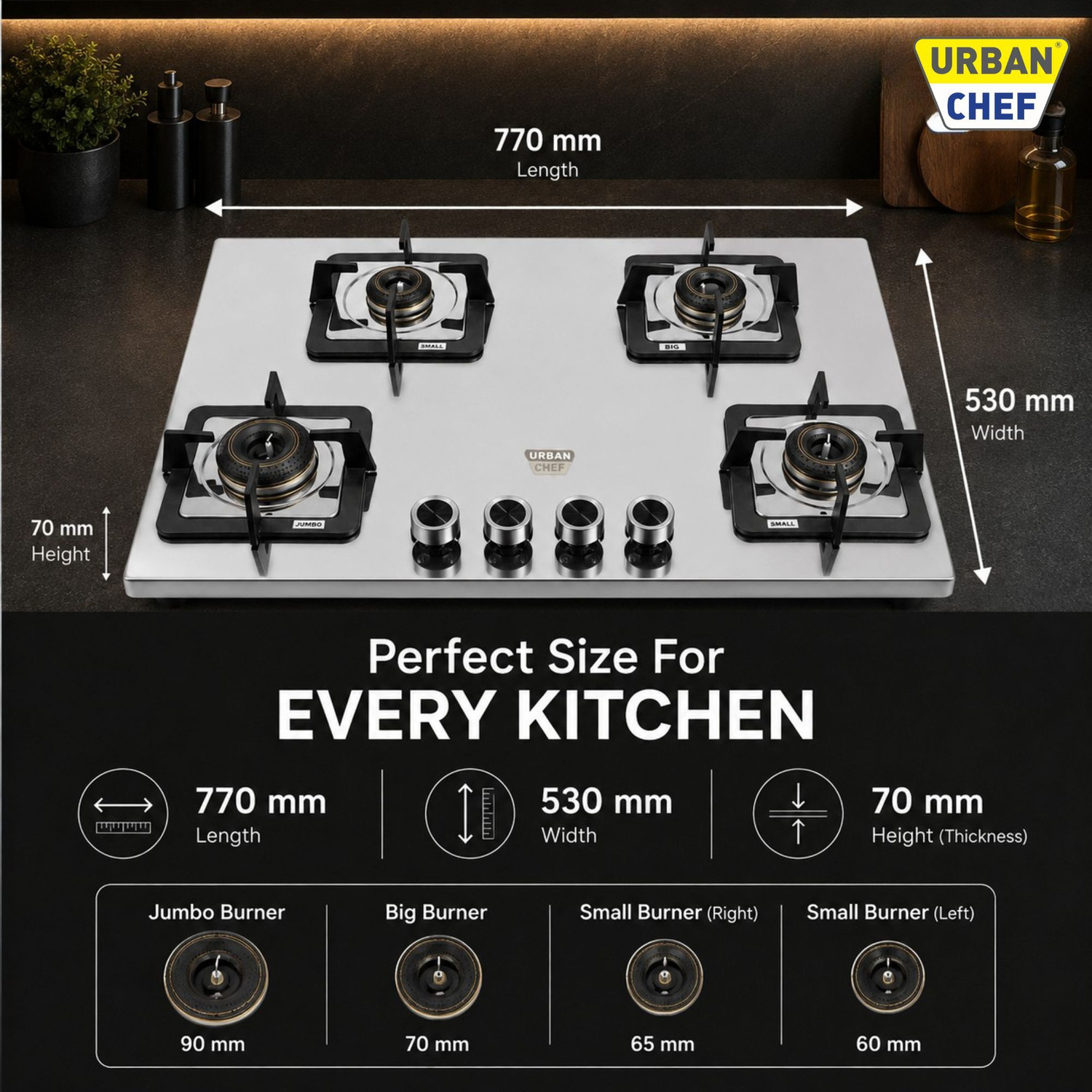Image of Urban Chef Gas Stove 4 Burner | Gas Chulha for Kitchen | ISI Certified | Imperia Gas Stove| Stainless Steel Manual Hob