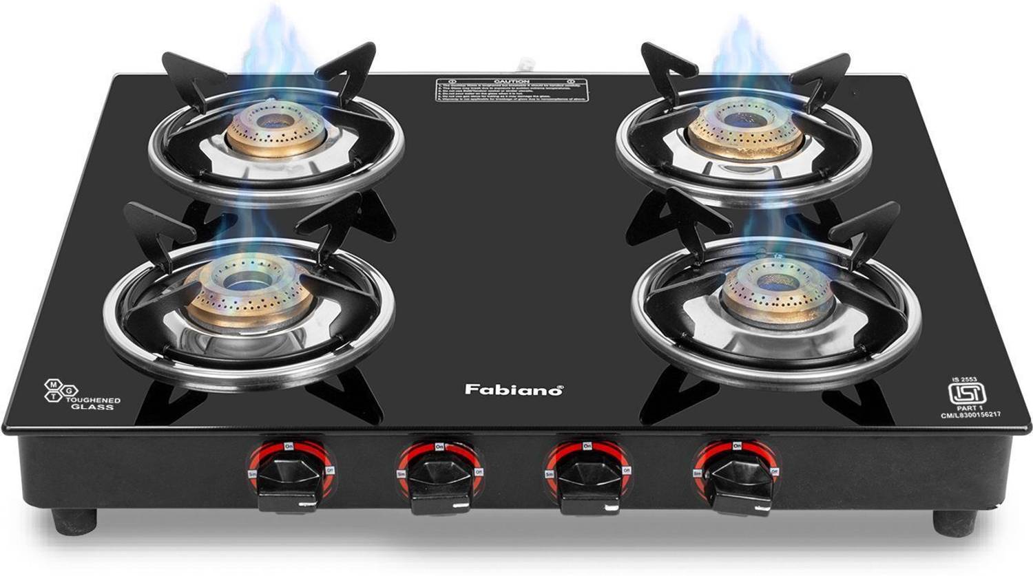 Fabiano 4 Burner ISI Certified, LPG To PNG Convertible With Brass Burners Glass Manual Gas Stove