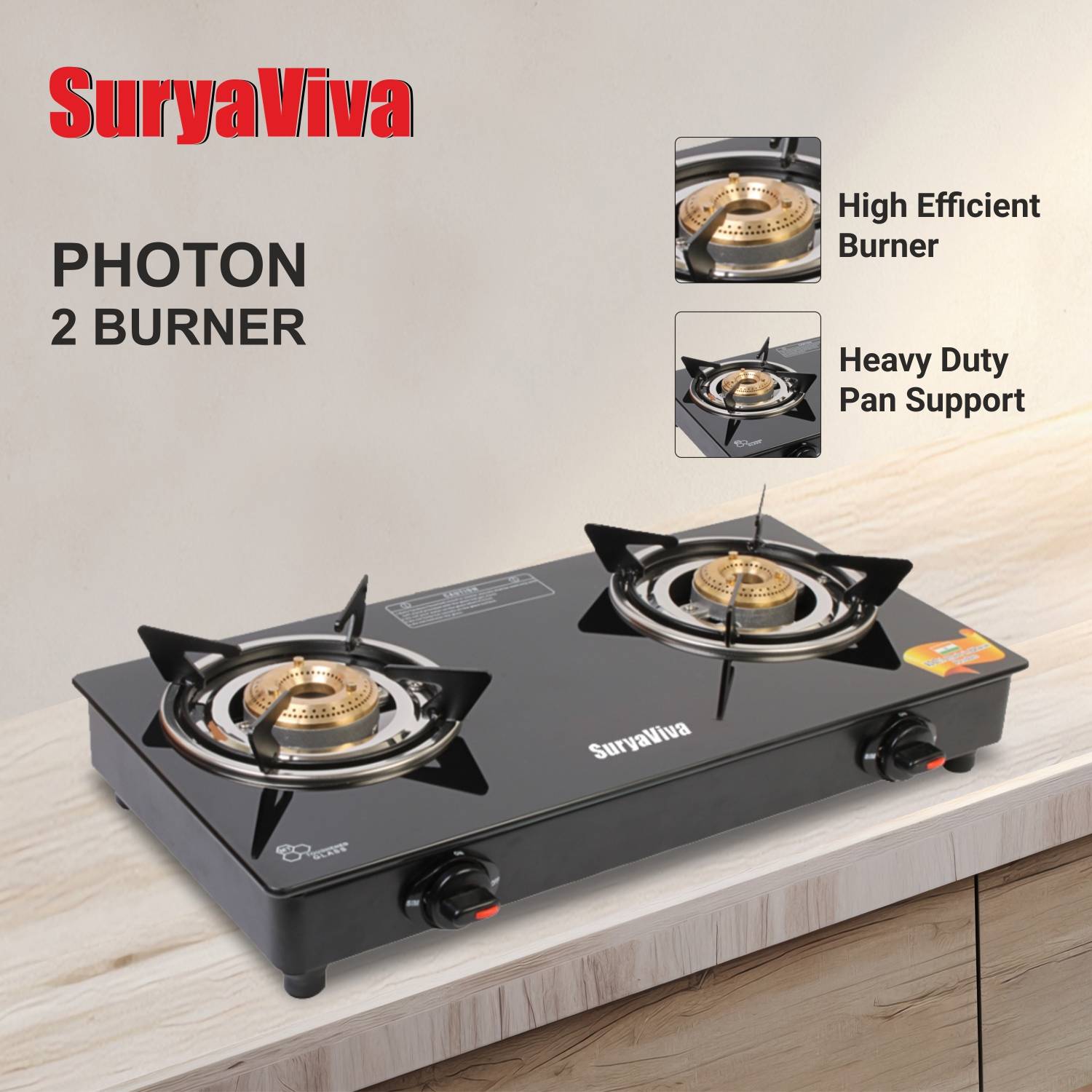 Suryaviva 2B BK Toughened 2 Cast Iron Glass Manual Gas Stove - Image 4