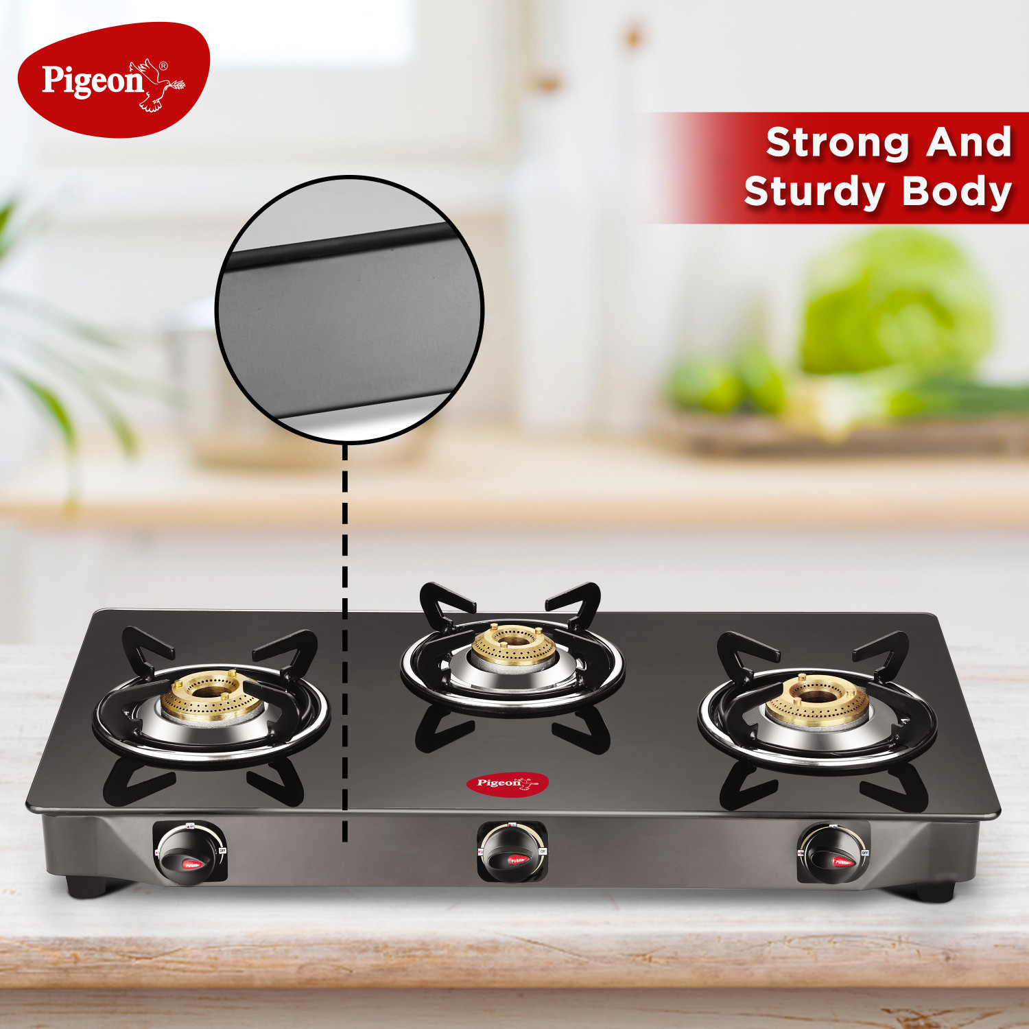 Image of Pigeon 3 Burner Glass Cooktop Automatic with hose pipe Stainless Steel, Glass Automatic Gas Stove