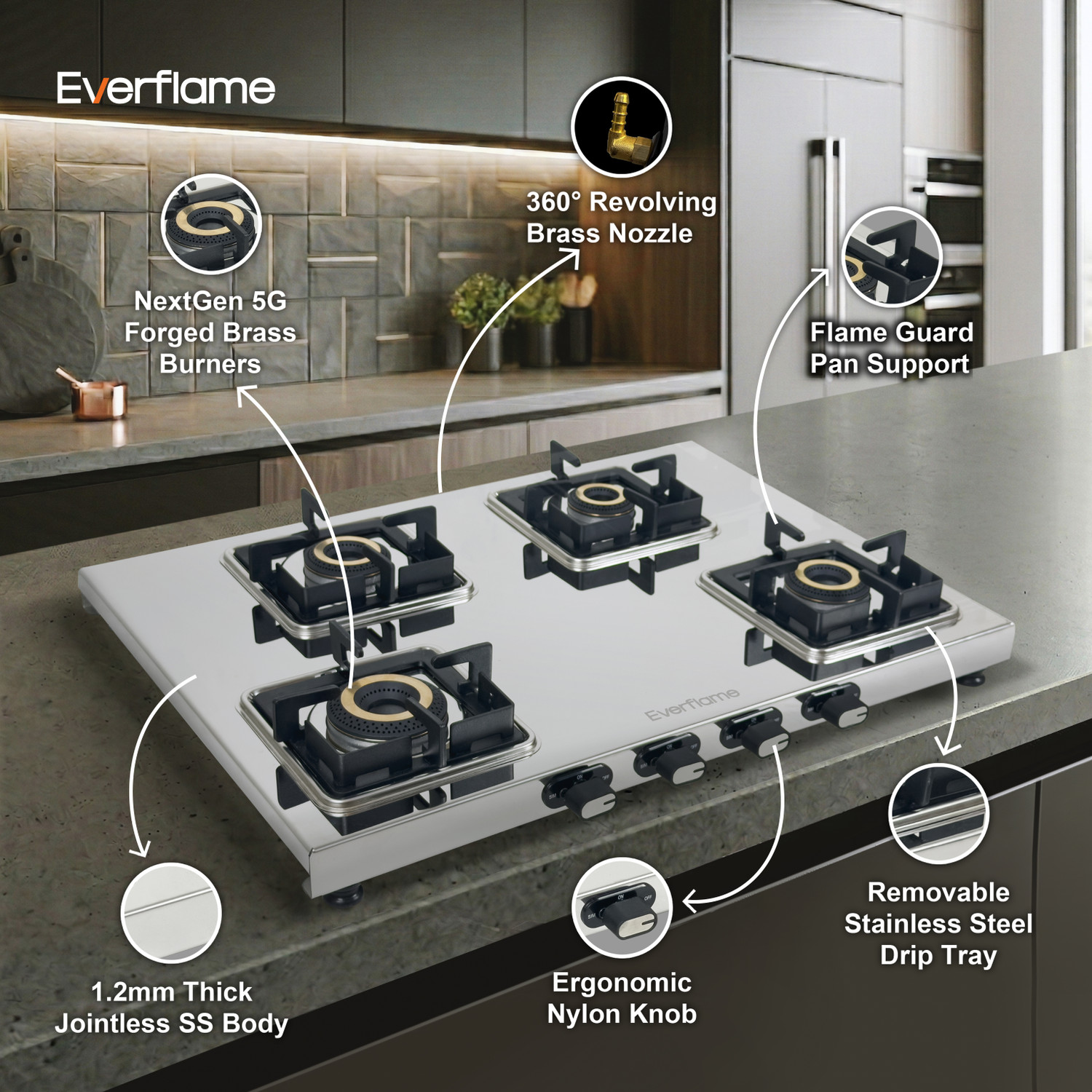 Image of Everflame Prime 4 Burner Gas Stove | ISI Certified | 1.2mm Thick Body | 2 Years Warranty Stainless Steel Manual Gas Stove