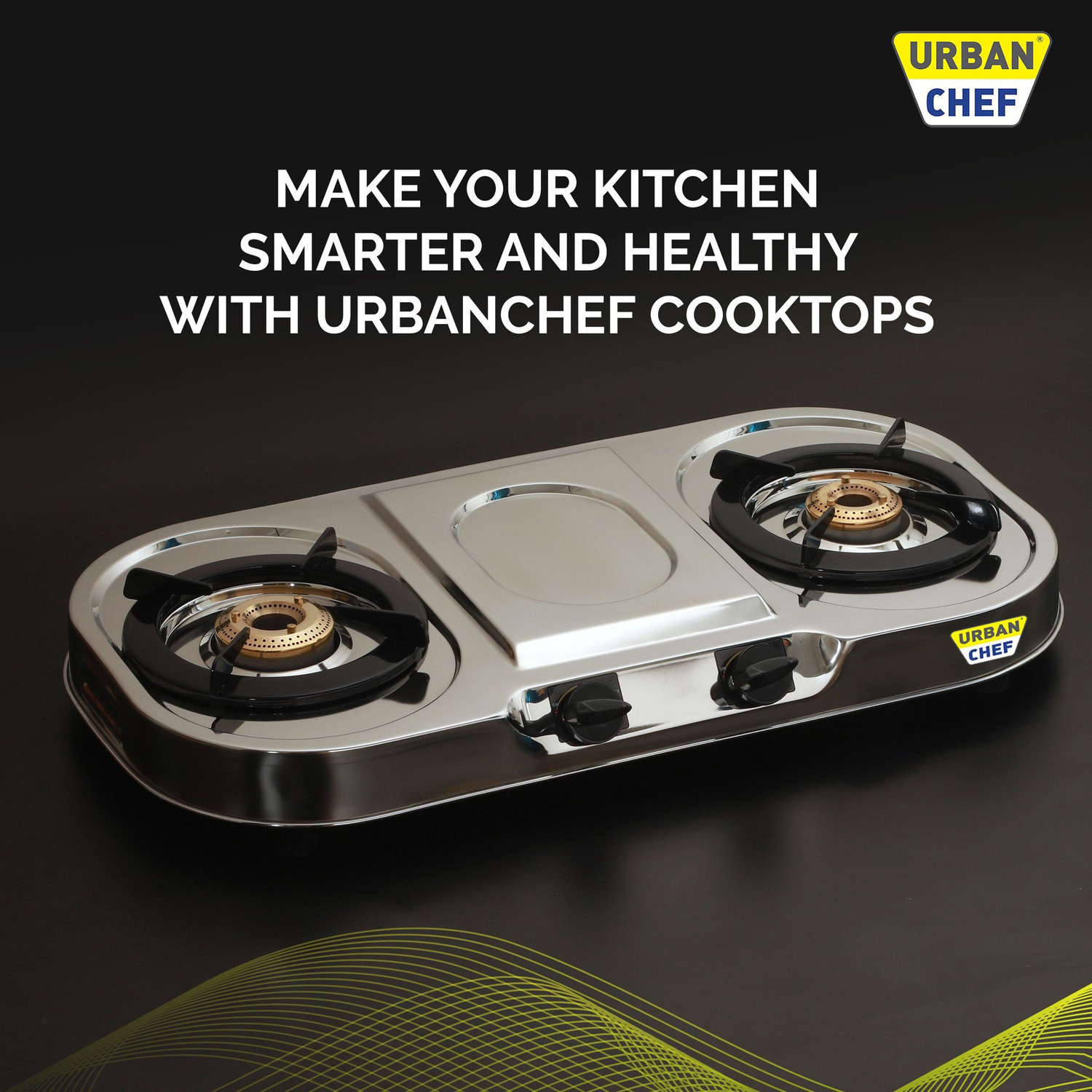 Image of Urban Chef Gas Stove 2 Brass Burners Steel | Home and Kitchen Gas Chulha | ISI Certified | Stainless Steel Manual Gas Stove
