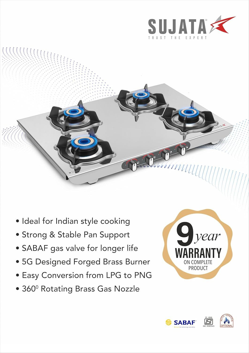 Image of SUJATA Majestic Manual Gas Stove 4 Burner | Gas Chulha for Kitchen | ISI Certified | Stainless Steel Manual Gas Stove