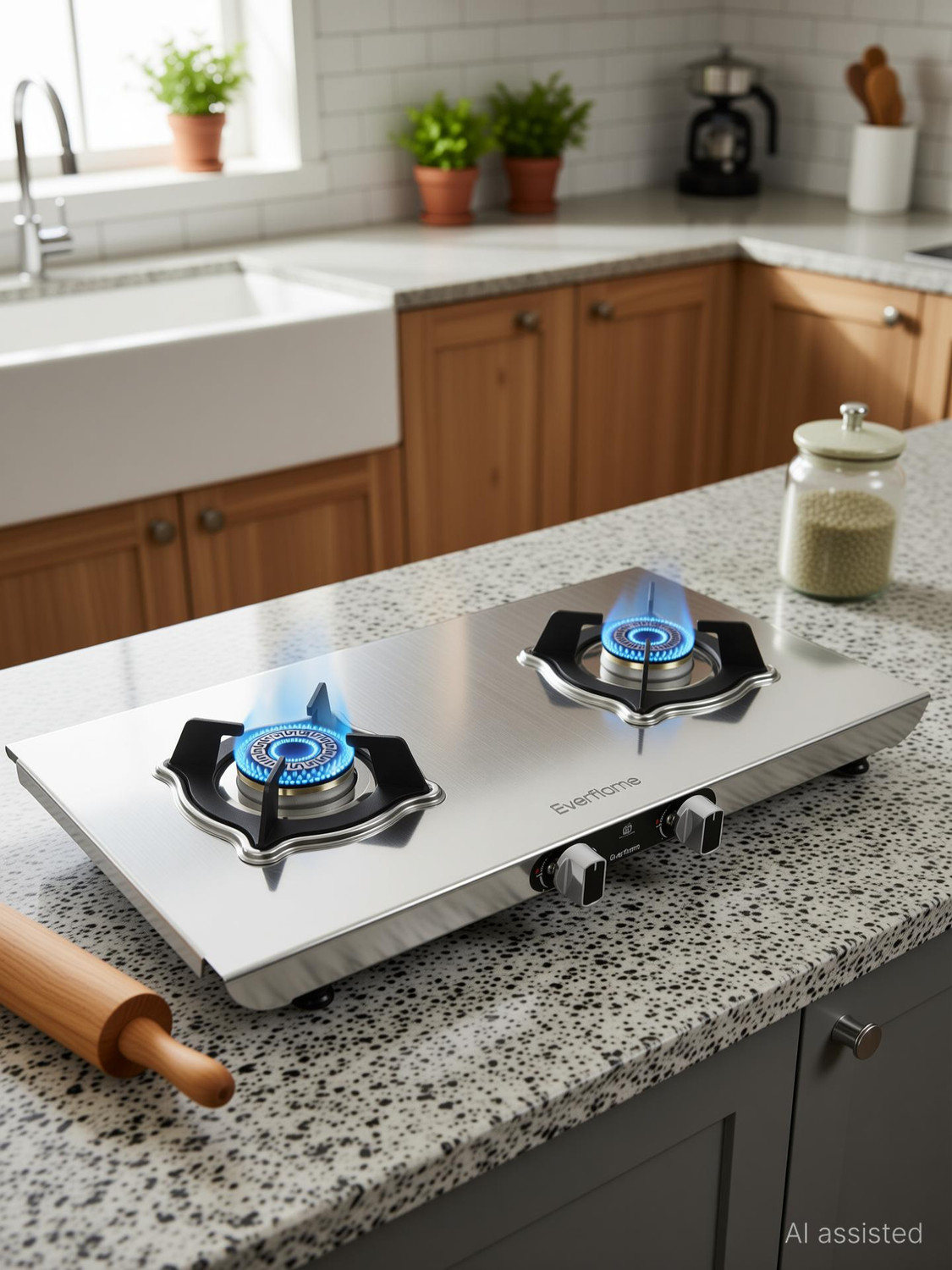 Image of Everflame Marvel 2 Burner Gas Stove | 6G Forged Brass Burner | Heavy-Duty Material Durable Stainless Steel Manual Gas Stove