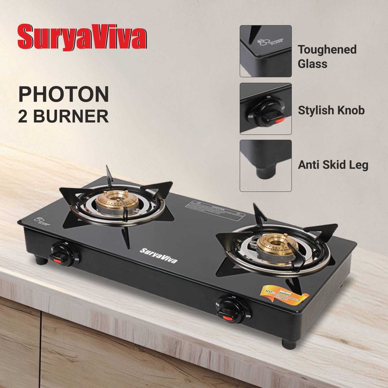 Suryaviva 2B BK Toughened 2 Cast Iron Glass Manual Gas Stove - Image 5