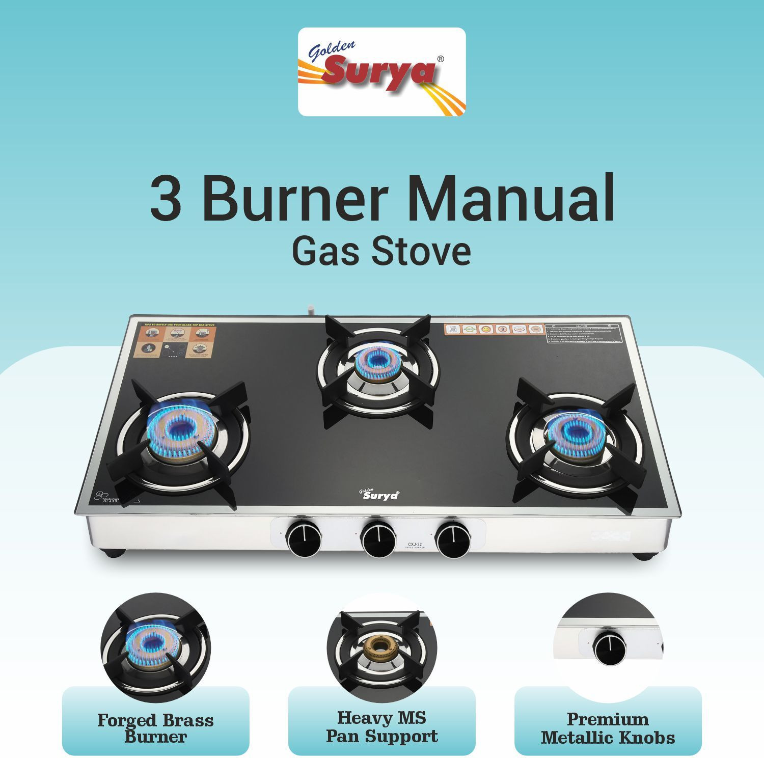 Image of Golden Surya Premium Toughened Glass Top, (ISI-Cerftified) Manual Ignition, Stainless Steel Manual Gas Stove