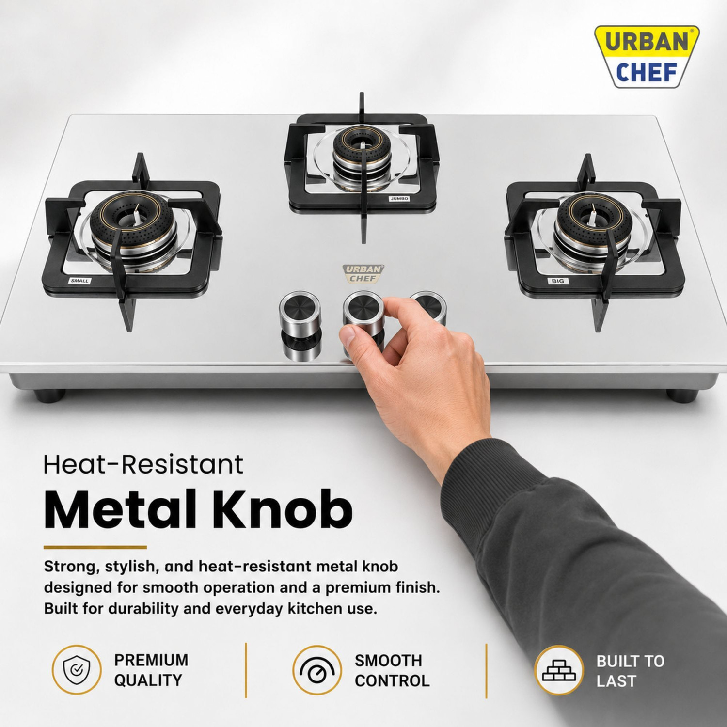 Image of Urban Chef Gas Stove 3 Burner | Gas Chulha for Kitchen | ISI Certified | Imperia Gas Stove| Stainless Steel Manual Hob