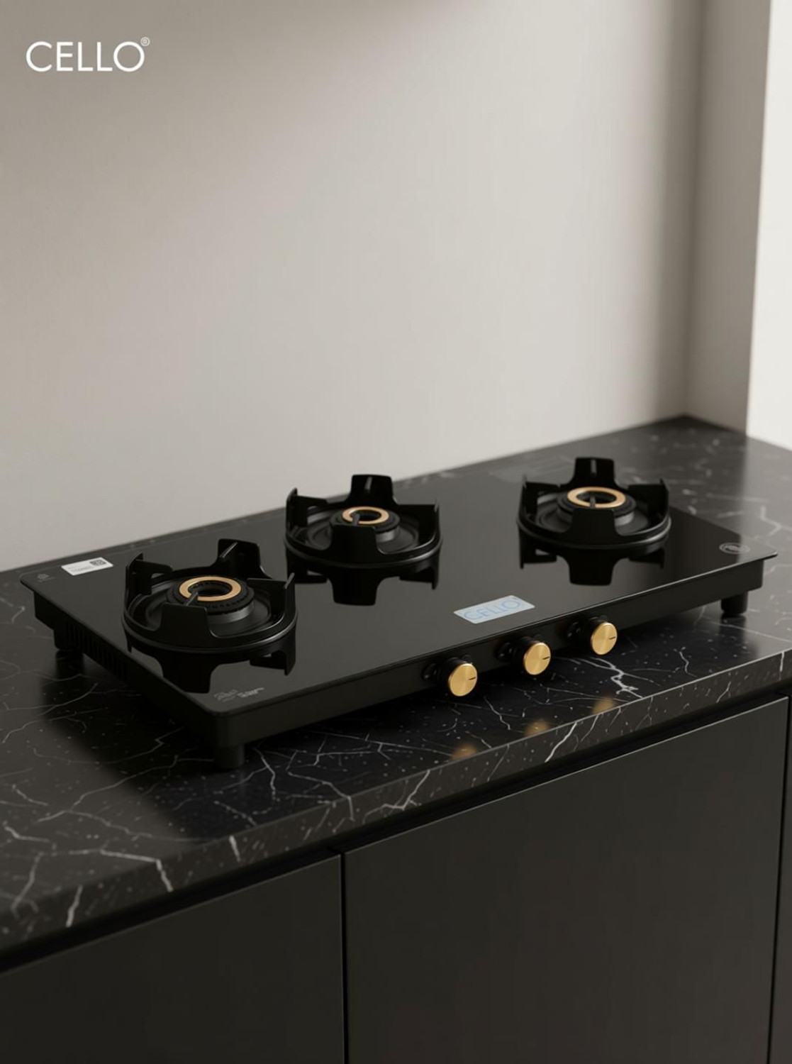 Image of CELLO Granito 3 Burner Black Gas Cooktop, Dual Shade Toughened Glass, ISI Certified Glass Manual Gas Stove