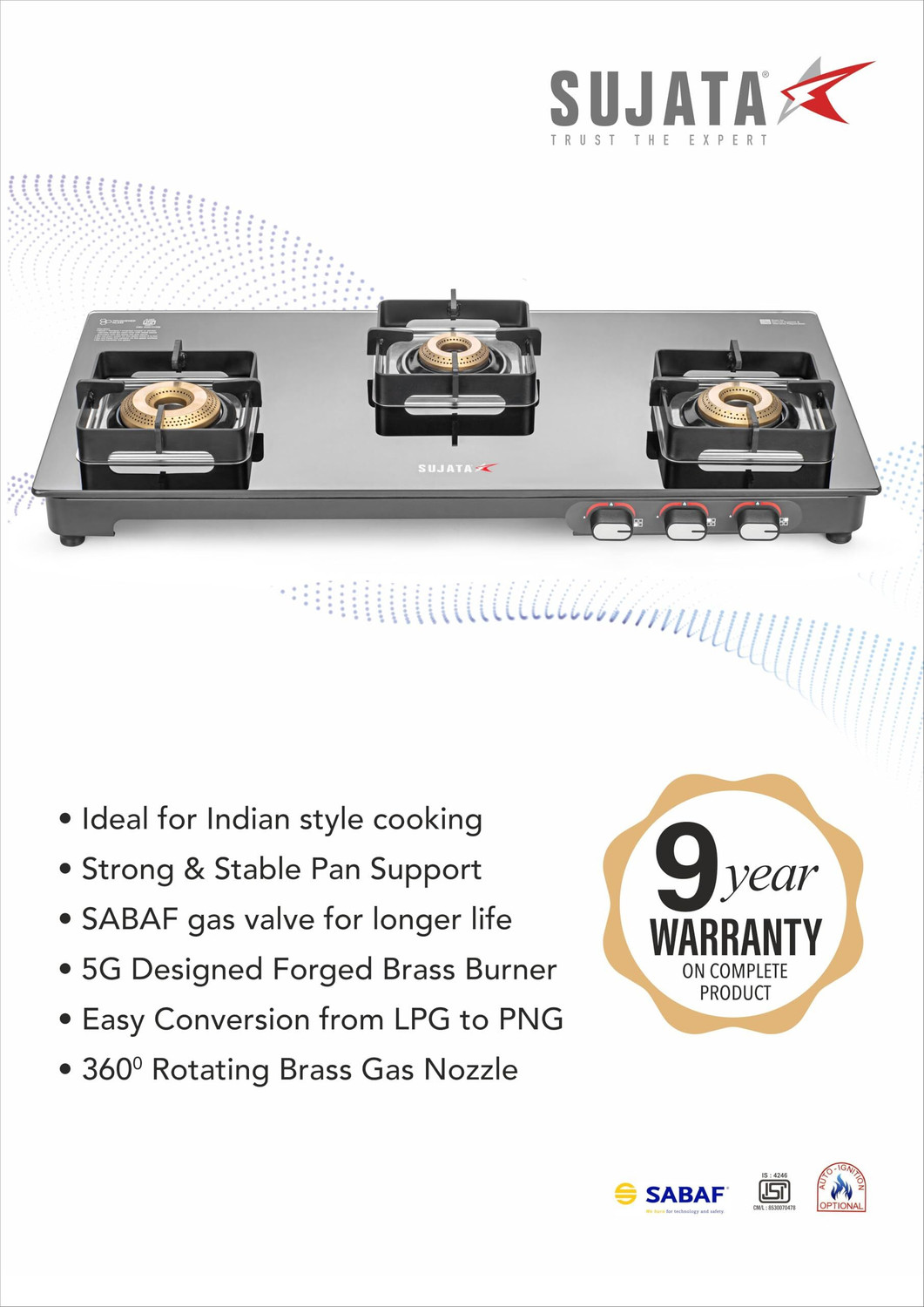 Image of SUJATA Gas Stove 3 Burner | Gas Chulha for Kitchen | ISI Certified | ( 3B Regal M ) Glass, Iron Manual Gas Stove
