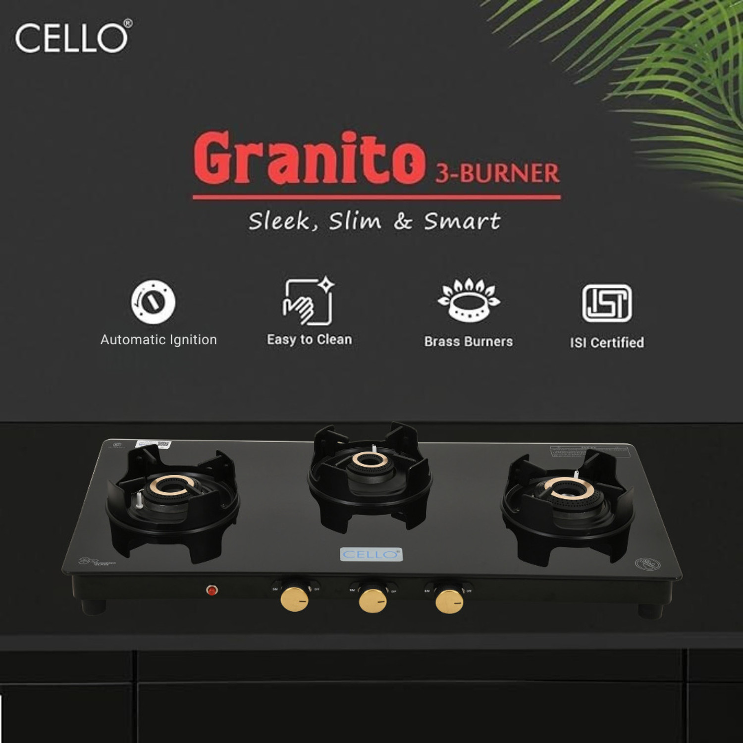 Image of CELLO Granito 3 Burner Black Gas Cooktop, Dual Shade Toughened Glass, ISI Certified Glass Automatic Gas Stove
