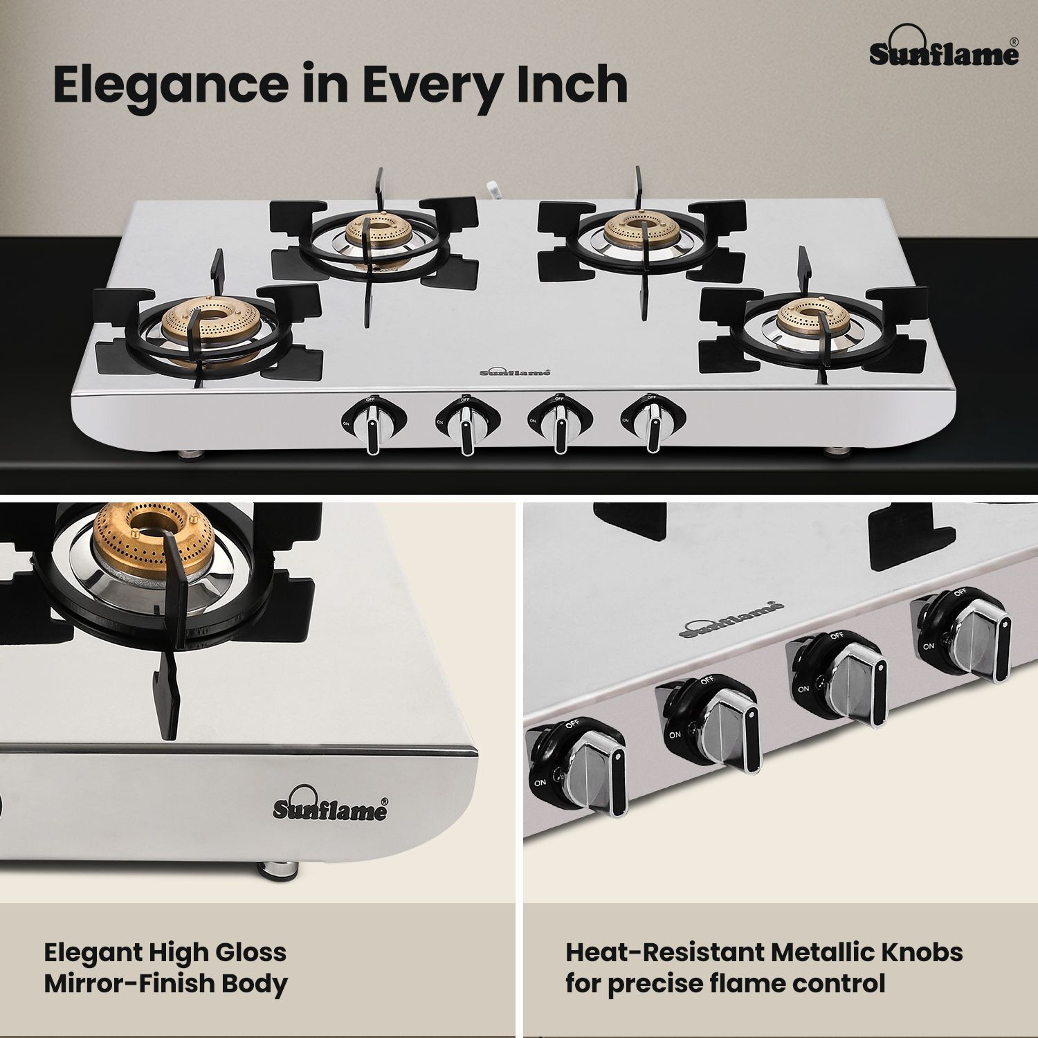 Image of Sunflame 4 Burner Gas Stove with 2 MM Mirror Finish Design, Forged Brass Burners Stainless Steel Manual Gas Stove