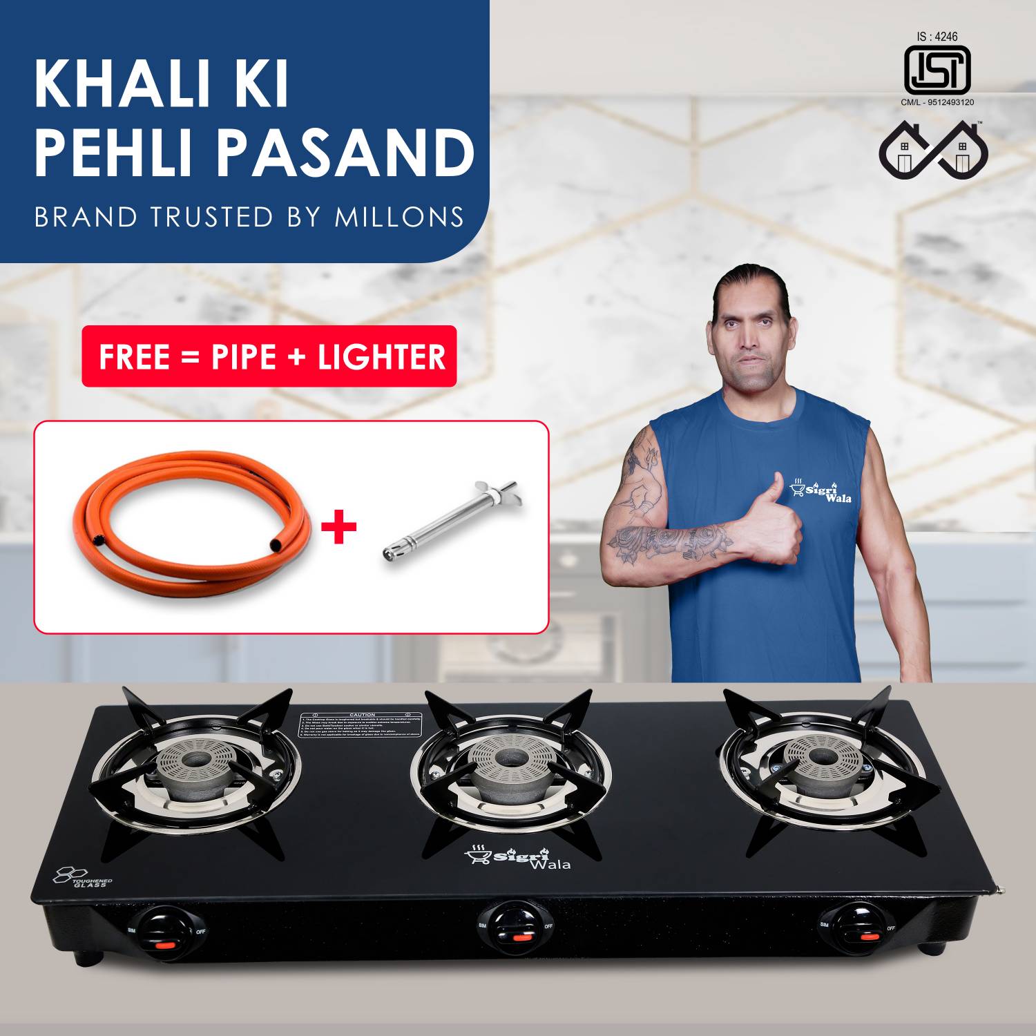 Sigri-wala Primecook Manual Cute Combo( Lighter+ Hose Pipe) Glass Manual Gas Stove