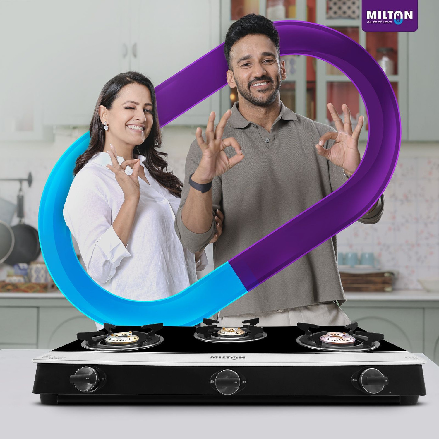 Image of MILTON Ignis Pro 3 Burner Auto Ignition Gas Stove | ISI Certified | 6mm Toughened Glass Glass Automatic Gas Stove