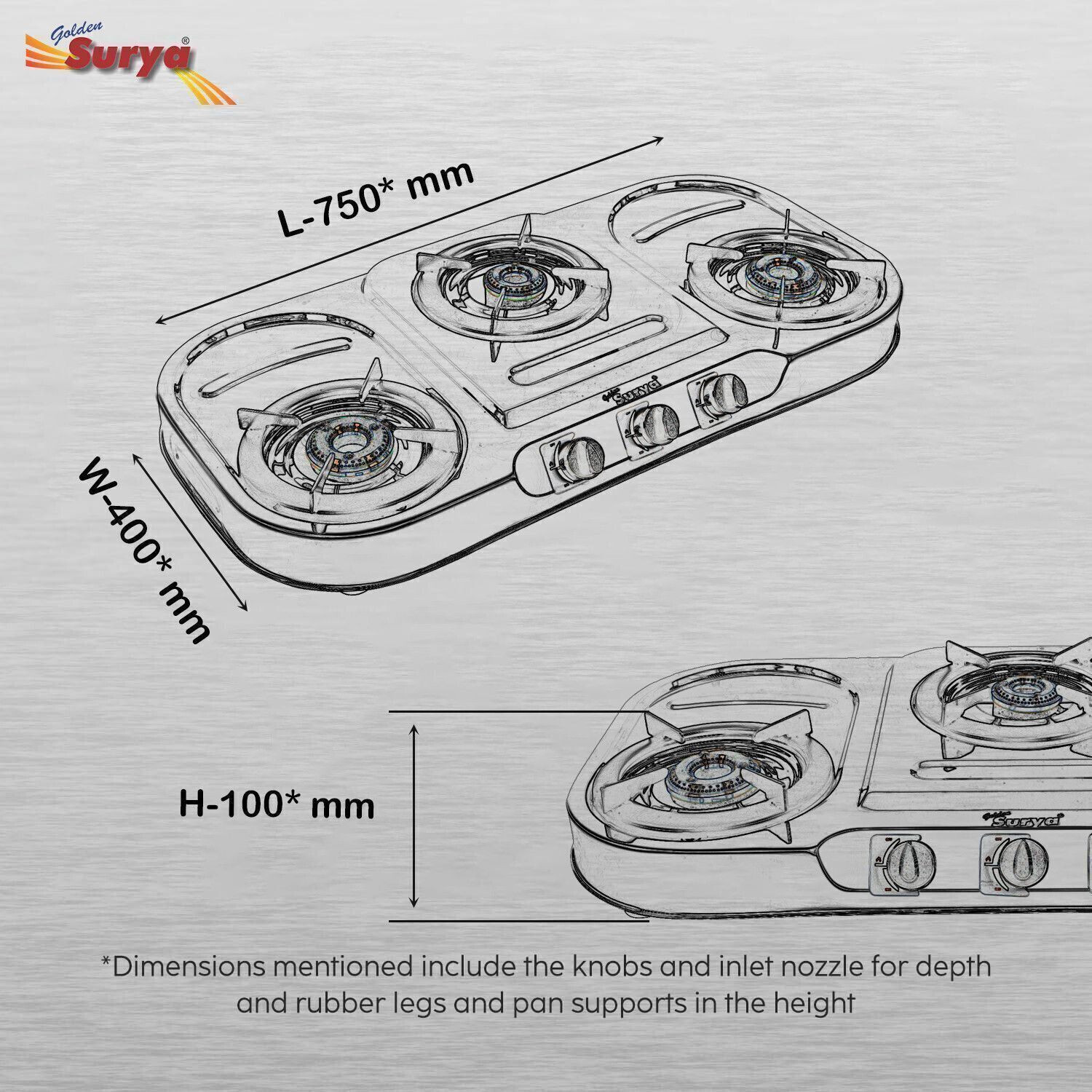Image of Golden Surya Premium Jointless Stainless Steel Frame, 3 Brass Burner, 18 Months Warranty LPG Stainless Steel Manual Gas Stove