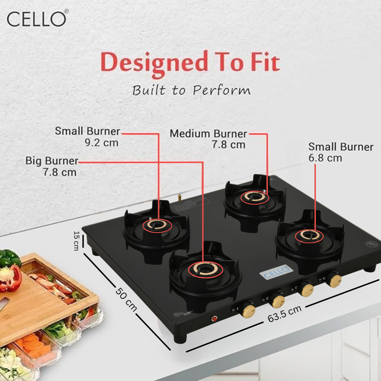 Image of CELLO Granito 4 Burner Black Gas Cooktop, ISI Certified Glass Automatic Gas Stove