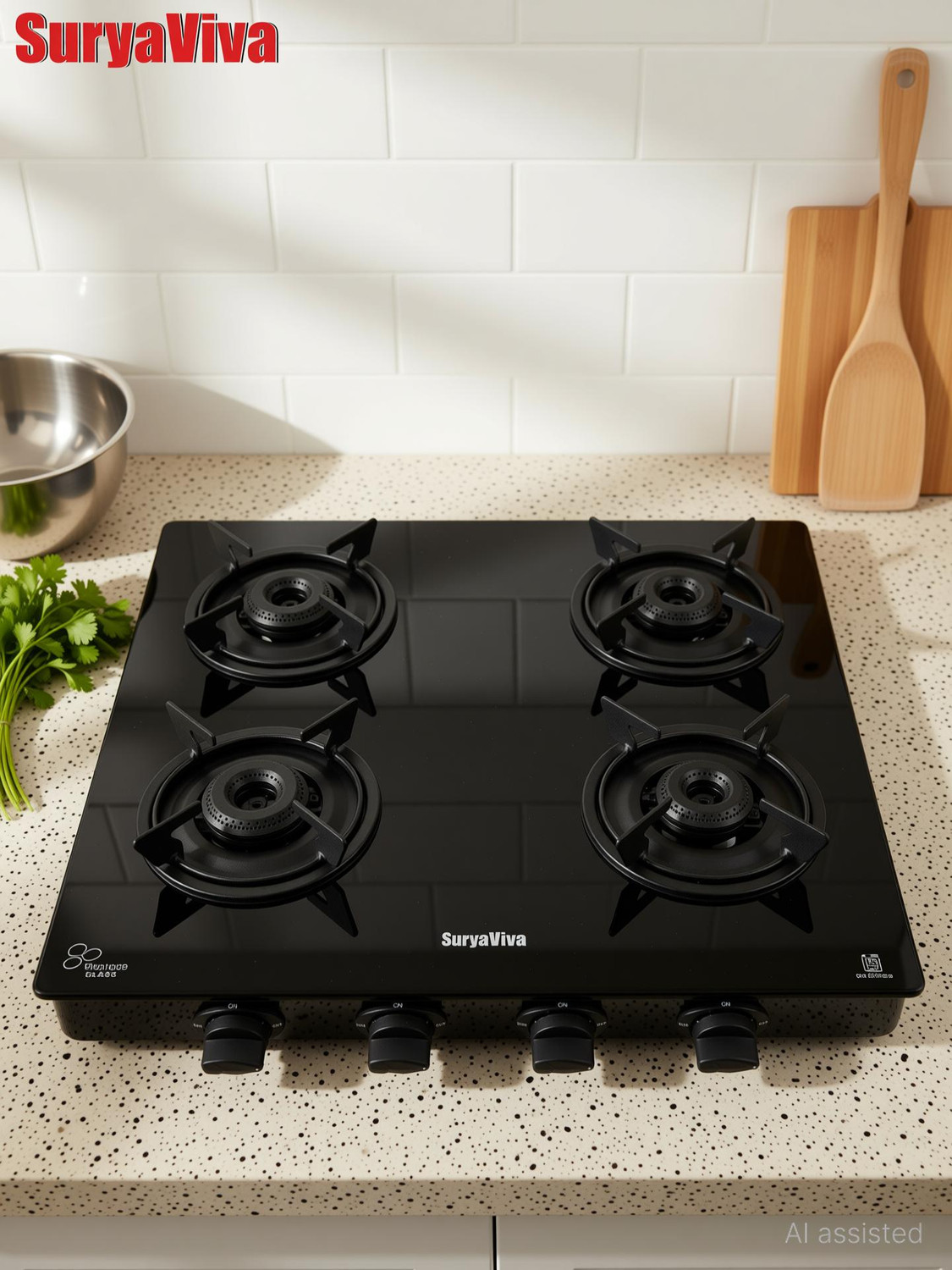 Image of SURYAVIVA 4B Photon X Black Toughened Glass Manual Gas Stove