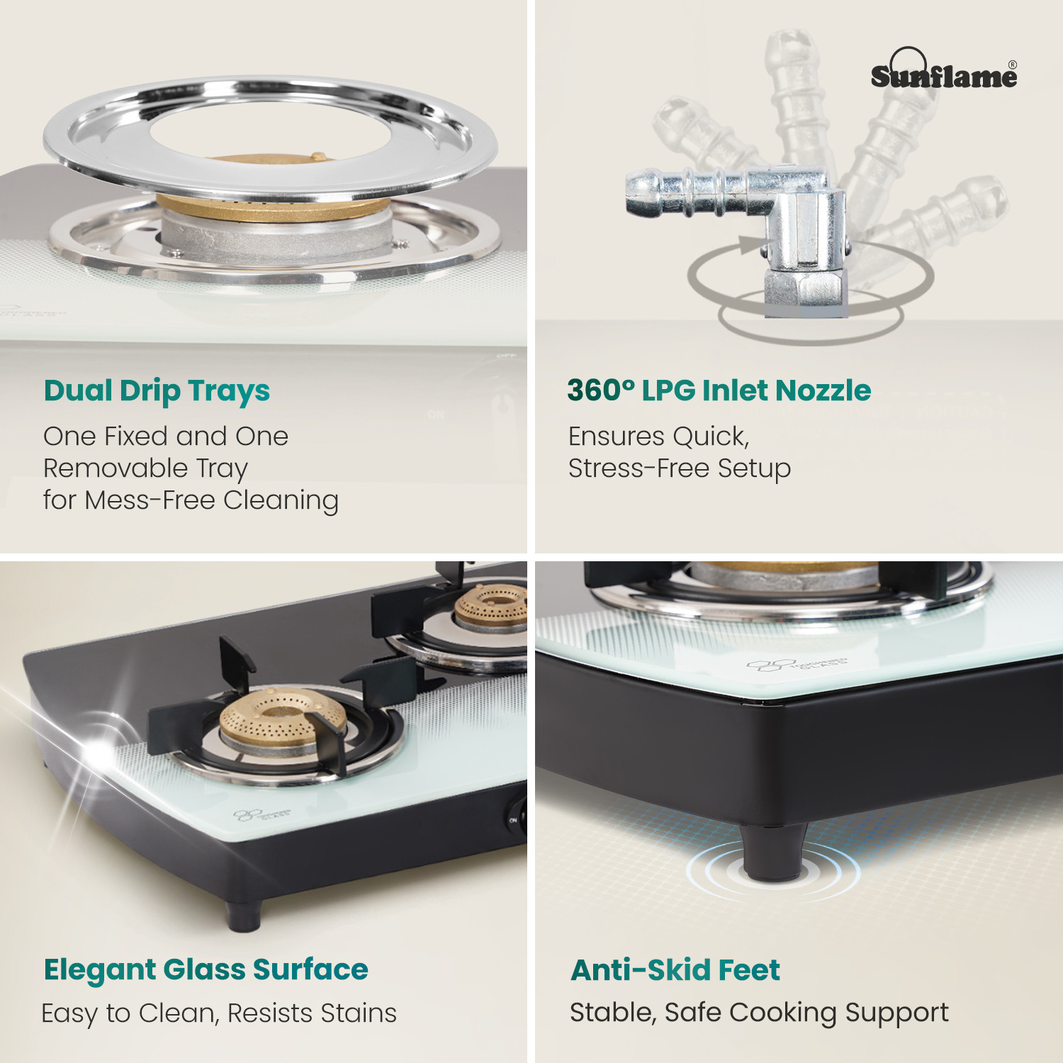 Image of Sunflame Gas Stove 3 Burner | 75 cm Wide Body Design | Dual Drip Trays | Glass Manual Gas Stove (3 Burners)