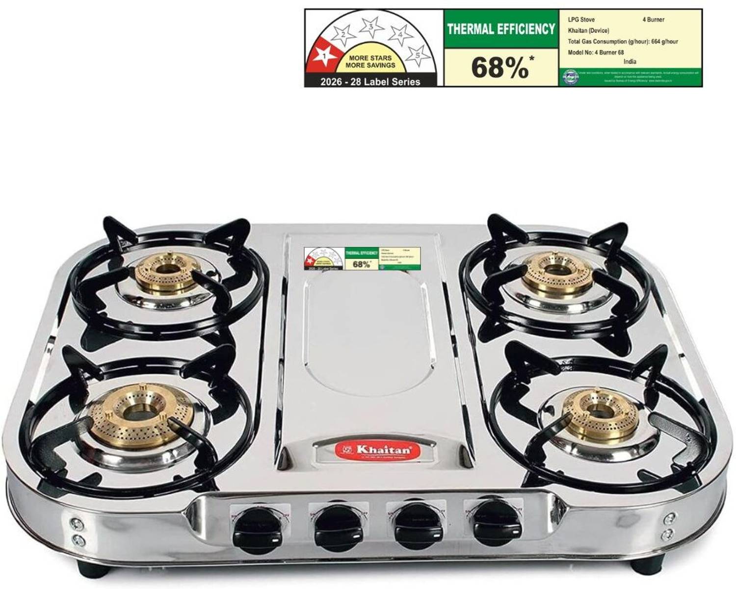 Khaitan 4 Burner Draw "FT" Stainless Steel Manual Gas Stove