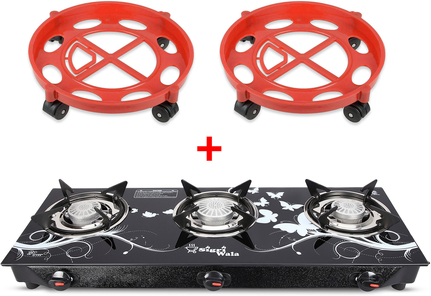 Image of Sigri-wala Cute BLKD 3B Combo with Trolley(2 piece) Glass Manual Gas Stove (3 Burners)