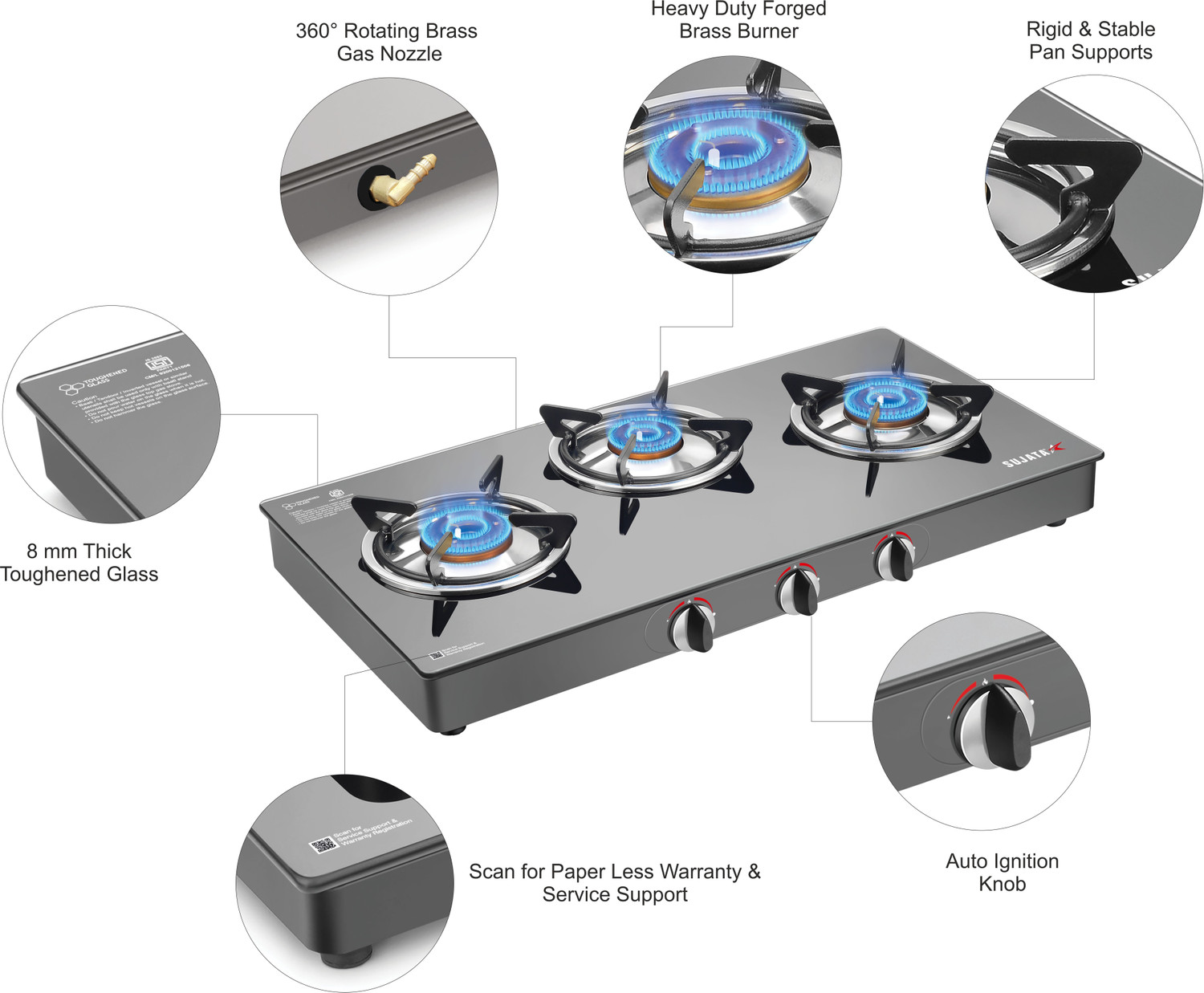 Image of SUJATA Gas Stove 3Burner | Gas Chulha for Kitchen | ISI Certified | Standard Gas Stove| Glass Automatic Gas Stove