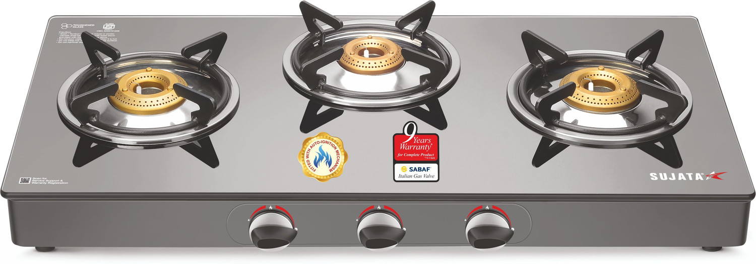 Image of SUJATA Gas Stove 3Burner | Gas Chulha for Kitchen | ISI Certified | Standard Gas Stove| Glass Automatic Gas Stove