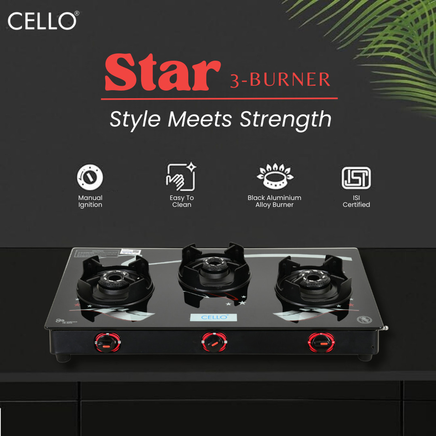 Image of CELLO Star Manual Gas Stove Black Glass Top, Alloy Burners Glass Manual Gas Stove