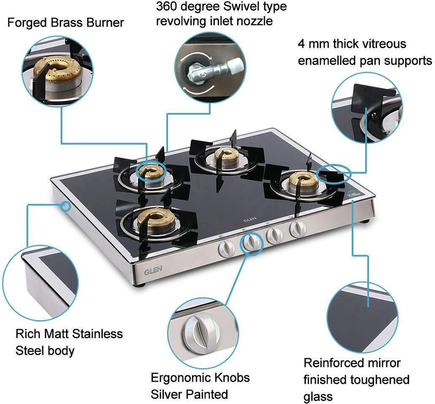Image of Glen Gas Stove 4 Burner Mirror Finish 1 High Flame 3 Forged Brass Burner 70 CM Glass Manual Gas Stove