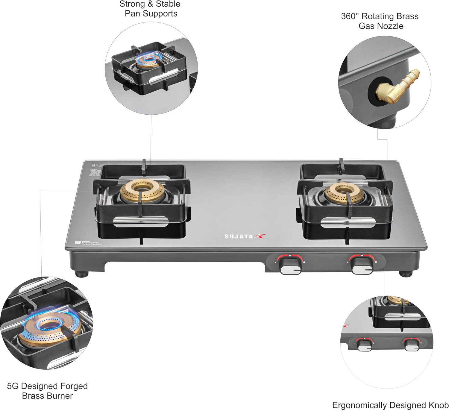 Image of SUJATA Gas Stove 2 Burner | Gas Chulha for Kitchen | ISI Certified | ( 2B Regal M ) Glass, Iron Manual Gas Stove
