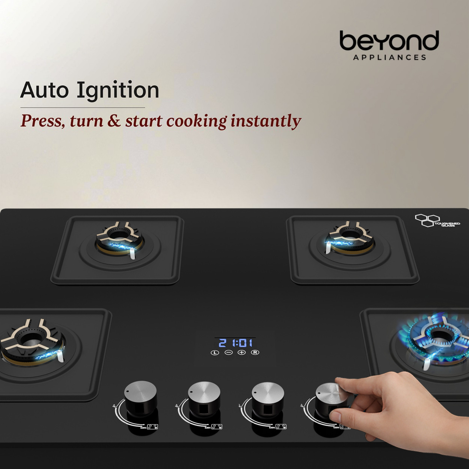 Image of Beyond Appliances Solaria 4 Brass Burners Smart Cooktop, Digital Timer, FFD & Auto Ignition Glass Automatic Hob