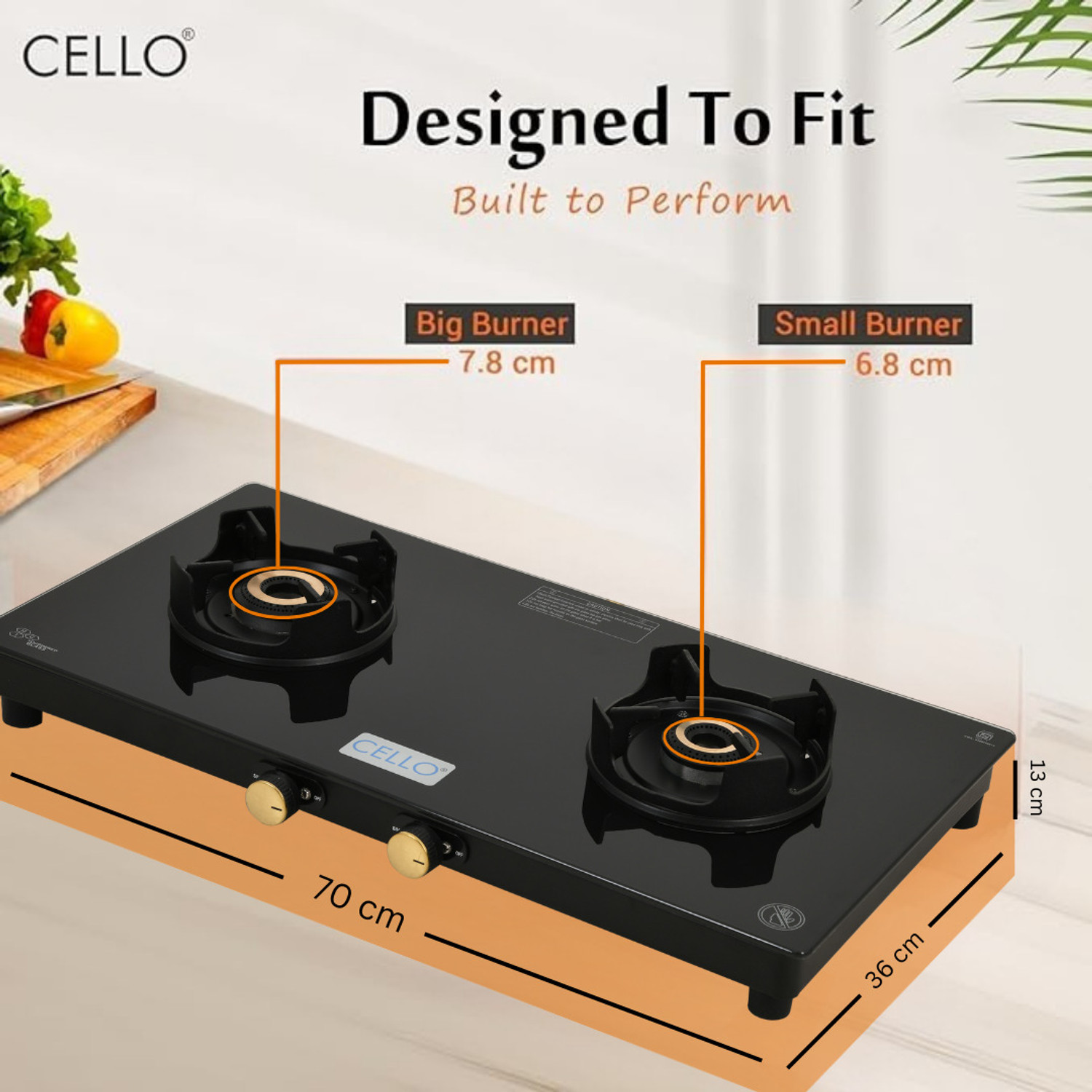 Image of CELLO Granito 2 Burner Black Gas Cooktop, Dual Shade Toughened Glass, ISI Certified Glass Manual Gas Stove
