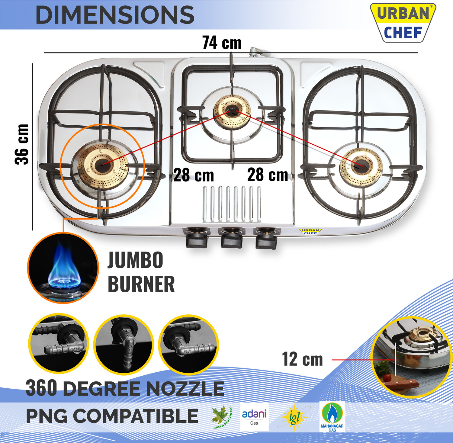 Image of Urban Chef ISI certified Double Decker Blitz Stainless Steel Manual Gas Stove (3 Burners)