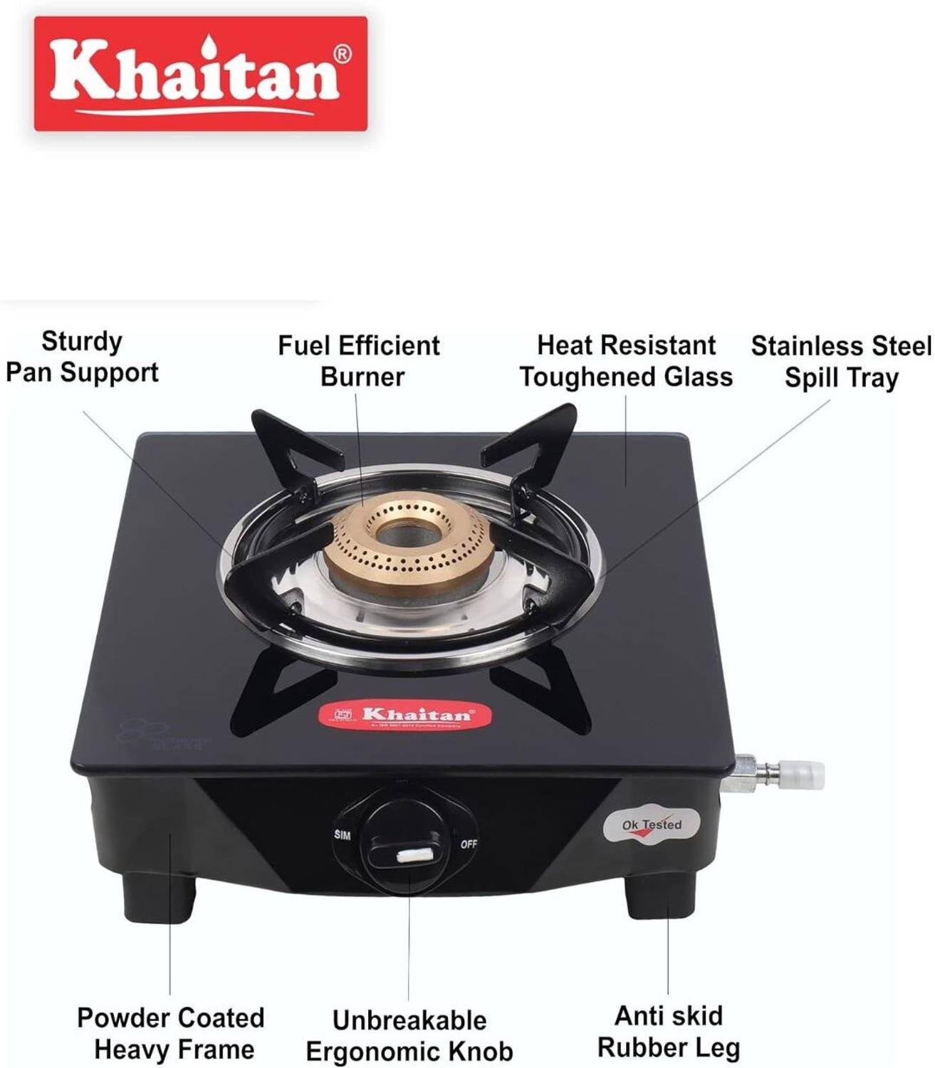 Khaitan 1B BP GIO Black Glass Manual Gas Stove - Image 4