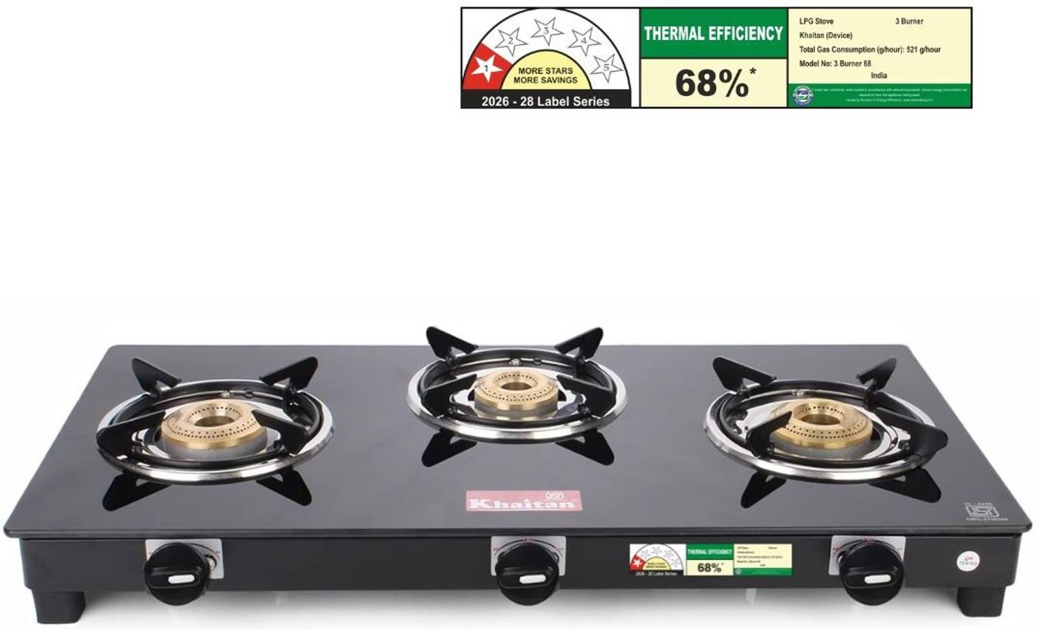 Khaitan 3 Burner ACTIVE Black Toughened Glass Manual Gas Stove