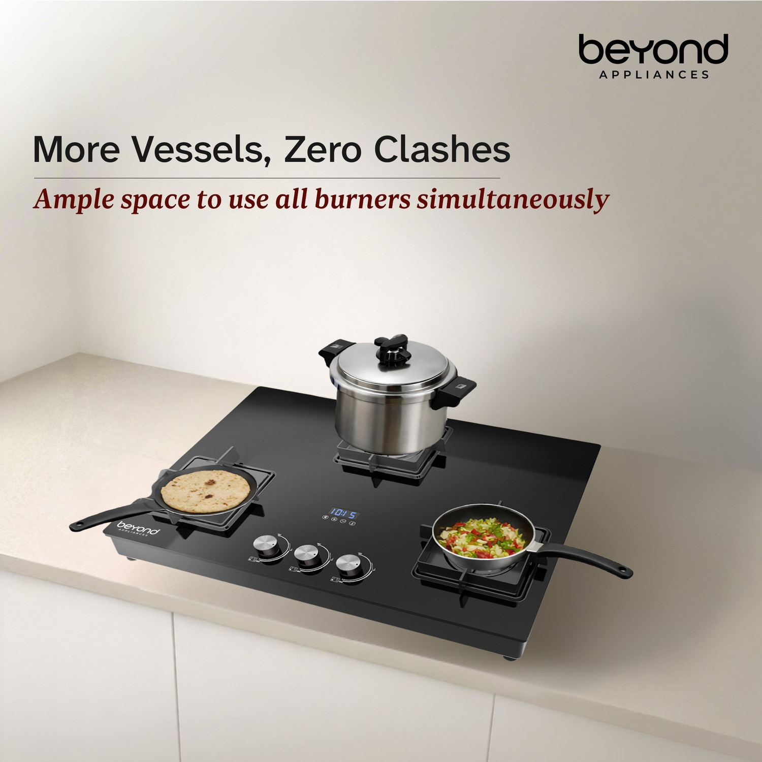Image of Beyond Appliances Solaria 3 Brass Burners Smart Cooktop, Digital Timer, FFD & Auto Ignition Glass Automatic Hob