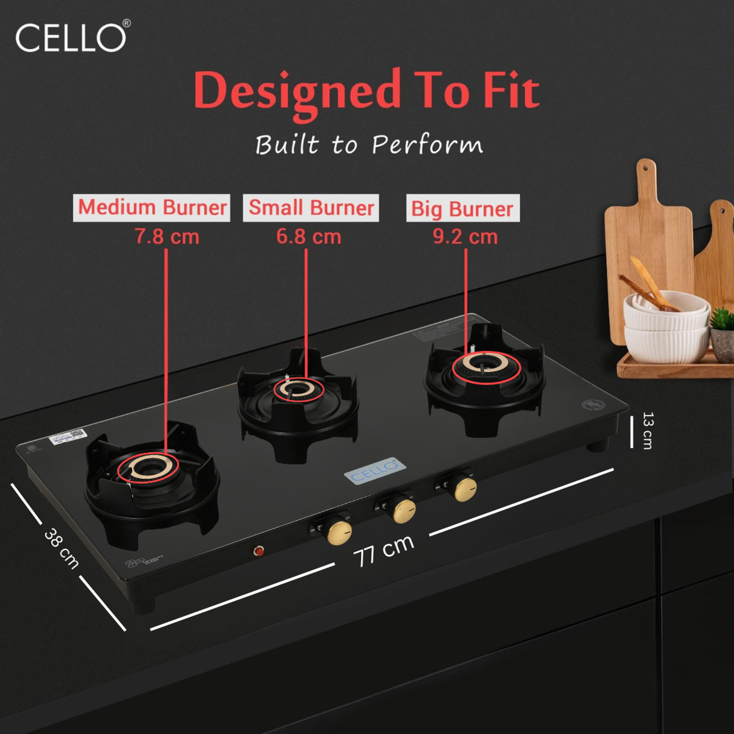 Image of CELLO Granito 3 Burner Black Gas Cooktop, Dual Shade Toughened Glass, ISI Certified Glass Automatic Gas Stove