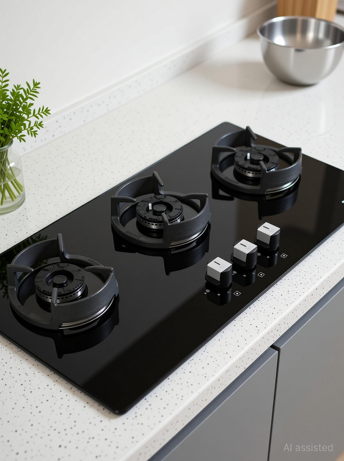 Image of FABER Eros IND 803 CI AI |Heavy duty brass burner|Metal Knobs| Cast Iron Pan Support| Glass Automatic Hob