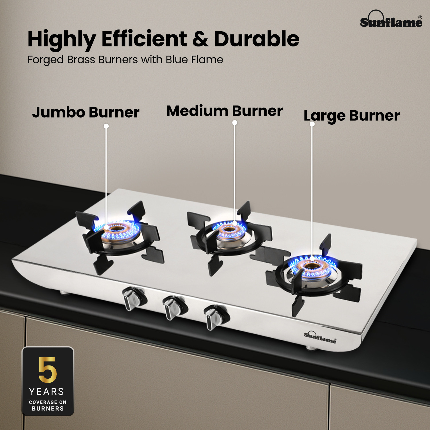 Image of Sunflame 3 Burner Gas Stove with 2 MM Mirror Finish Design, Forged Brass Burners Stainless Steel Manual Gas Stove