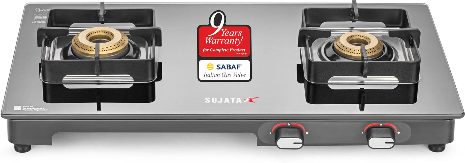Image of SUJATA Gas Stove 2 Burner | Gas Chulha for Kitchen | ISI Certified | ( 2B Regal M ) Glass, Iron Manual Gas Stove