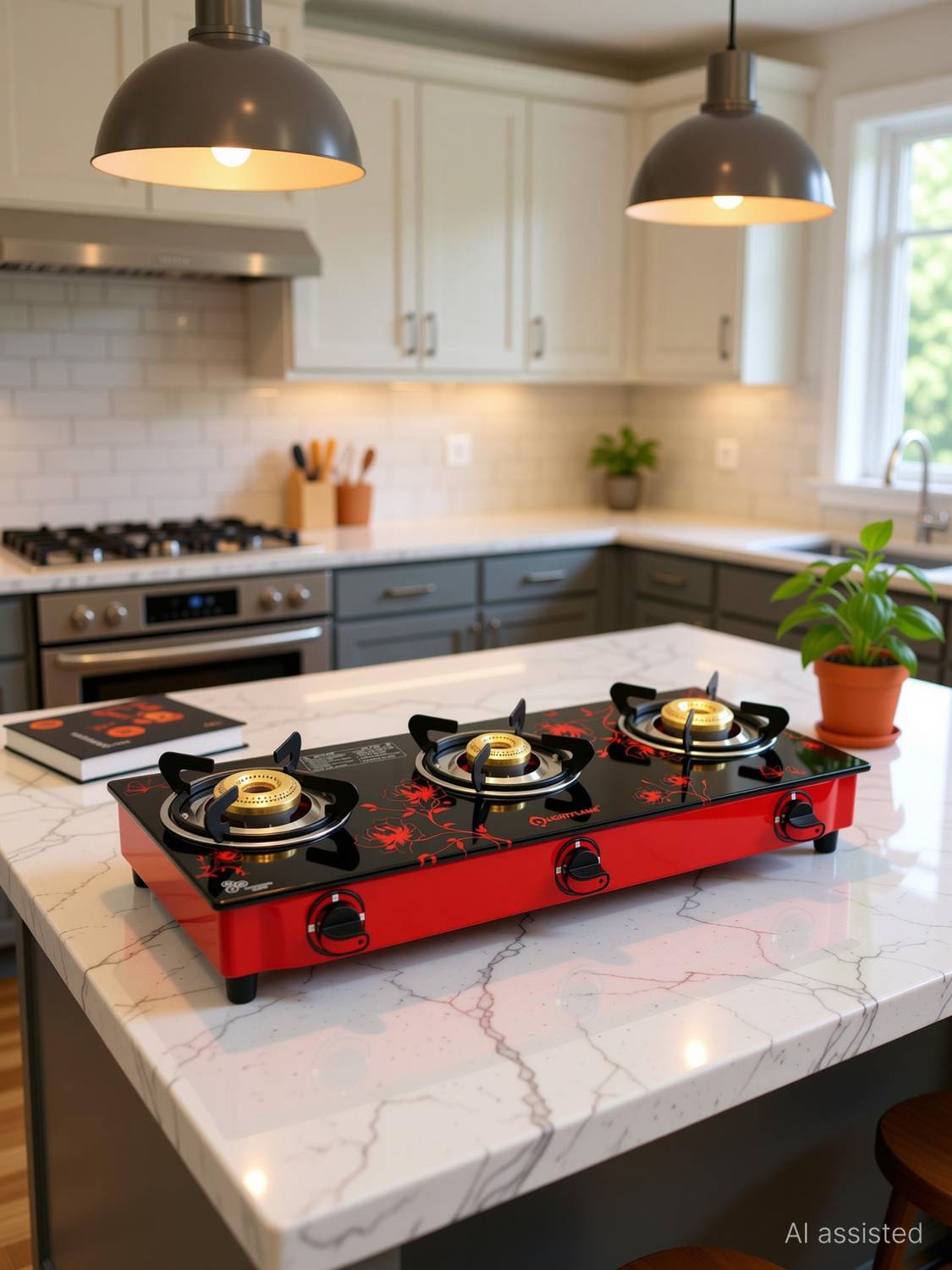 LIGHTFLAME Red Floral Glass Manual Gas Stove - Image 1