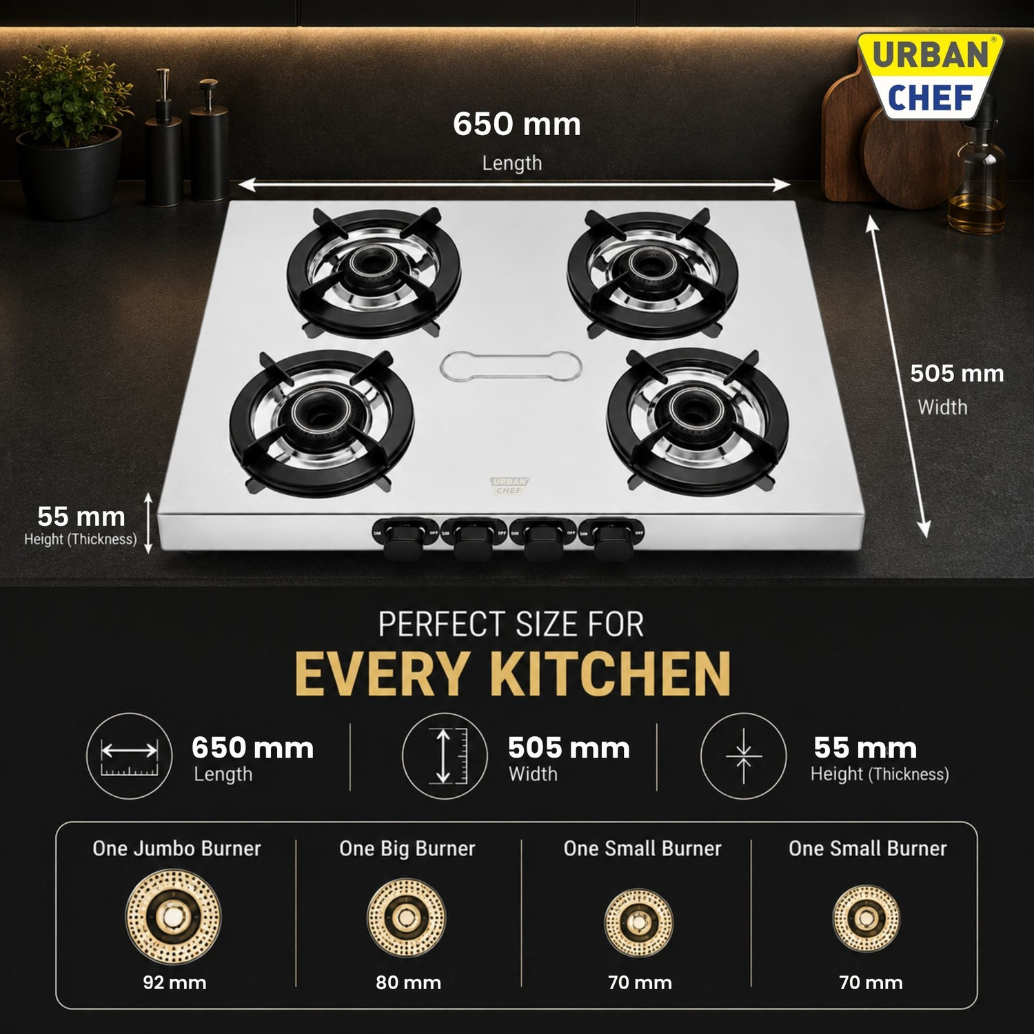Image of Urban Chef Manual Ignition LPG Gas Stove|Heavy-Duty 1.2mm SS Body | ISI Certified Stainless Steel Manual Gas Stove