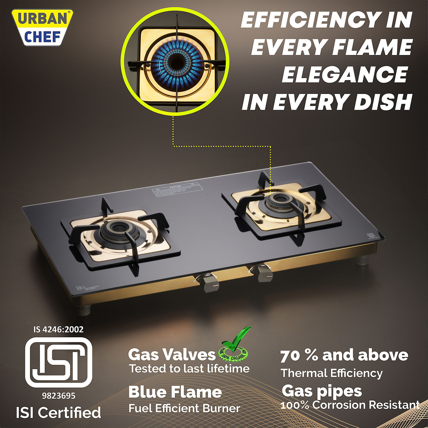 Image of Urban Chef Gas Stove 2 Burner | Gas Chulha | ISI Certified | Brass Burner | Gold | Glass Manual Gas Stove