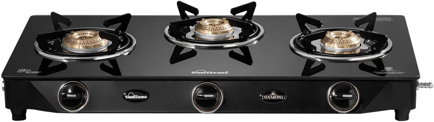 Sunflame Diamond 3 Burner Gas Stove Glass Manual Gas Stove