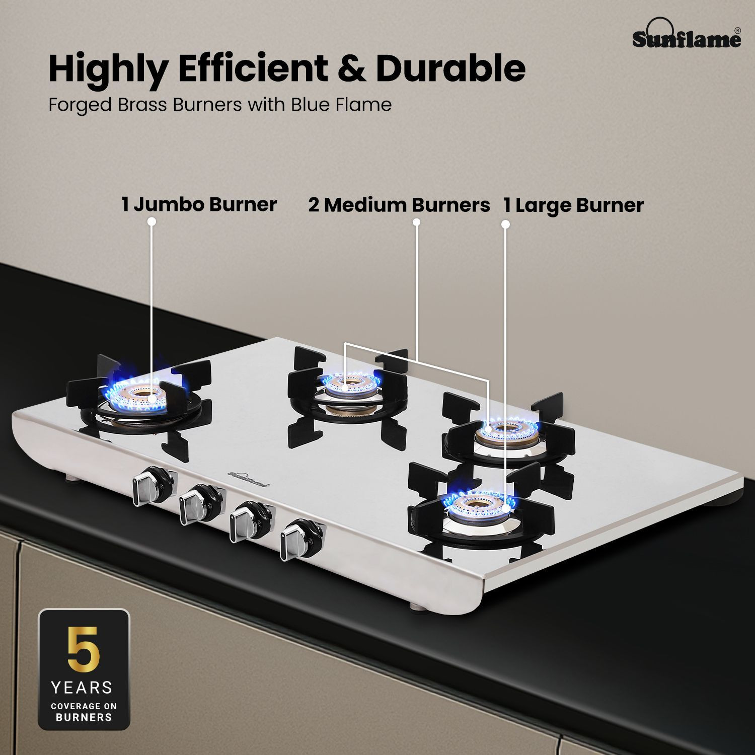 Image of Sunflame 4 Burner Gas Stove with 2 MM Mirror Finish Design, Forged Brass Burners Stainless Steel Manual Gas Stove