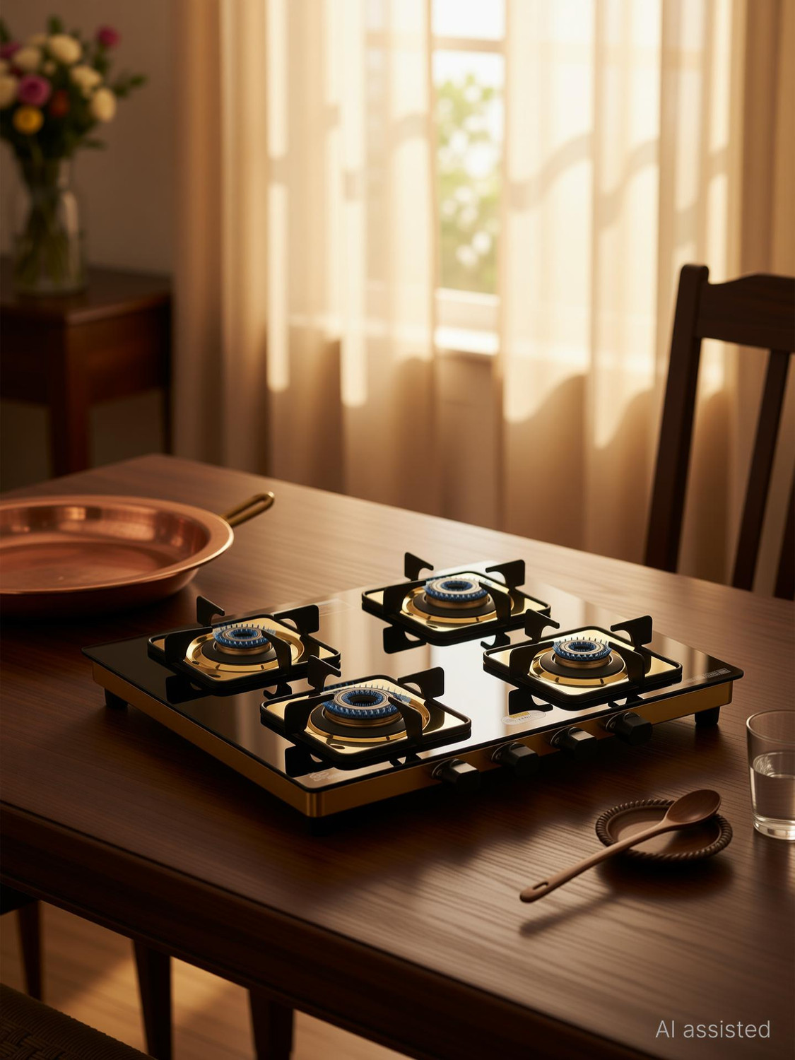 Image of Urban Chef Gas Stove 4 Burner | Gas Chulha for Kitchen | 100% Brass Burner | PVD Gold | Glass Manual Gas Stove (4 Burners)
