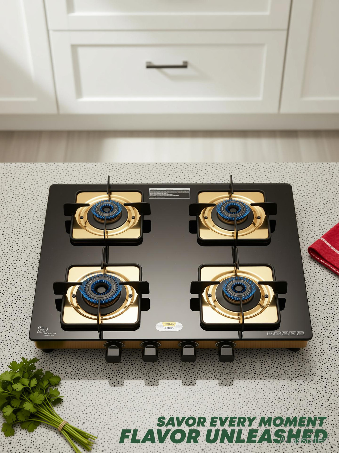 Image of Urban Chef Gas Stove 4 Burner | Gas Chulha for Kitchen | 100% Brass Burner | PVD Gold | Glass Manual Gas Stove (4 Burners)