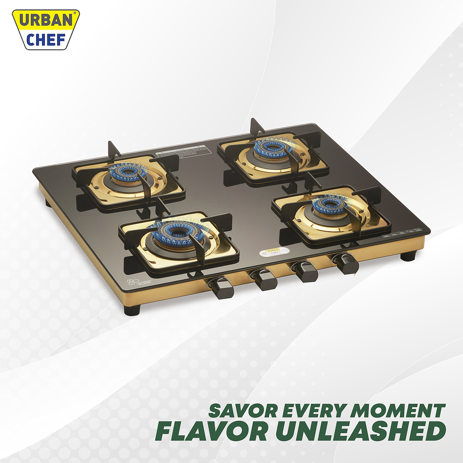 Image of Urban Chef Gas Stove 4 Burner | Gas Chulha for Kitchen | 100% Brass Burner | PVD Gold | Glass Manual Gas Stove (4 Burners)