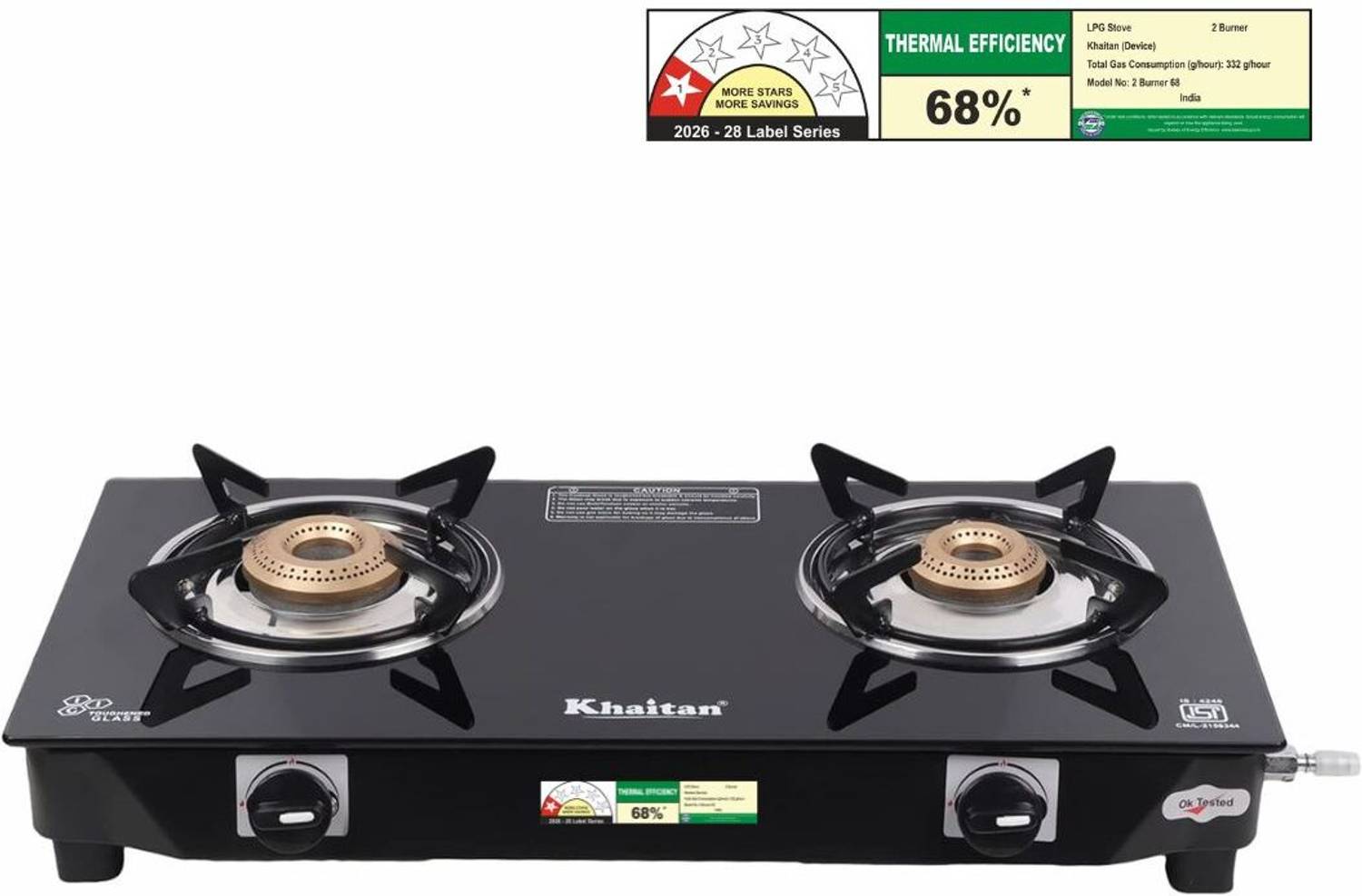 Khaitan 2 Burner BP-NANO MS Black Toughenend Glass Manual Gas Stove